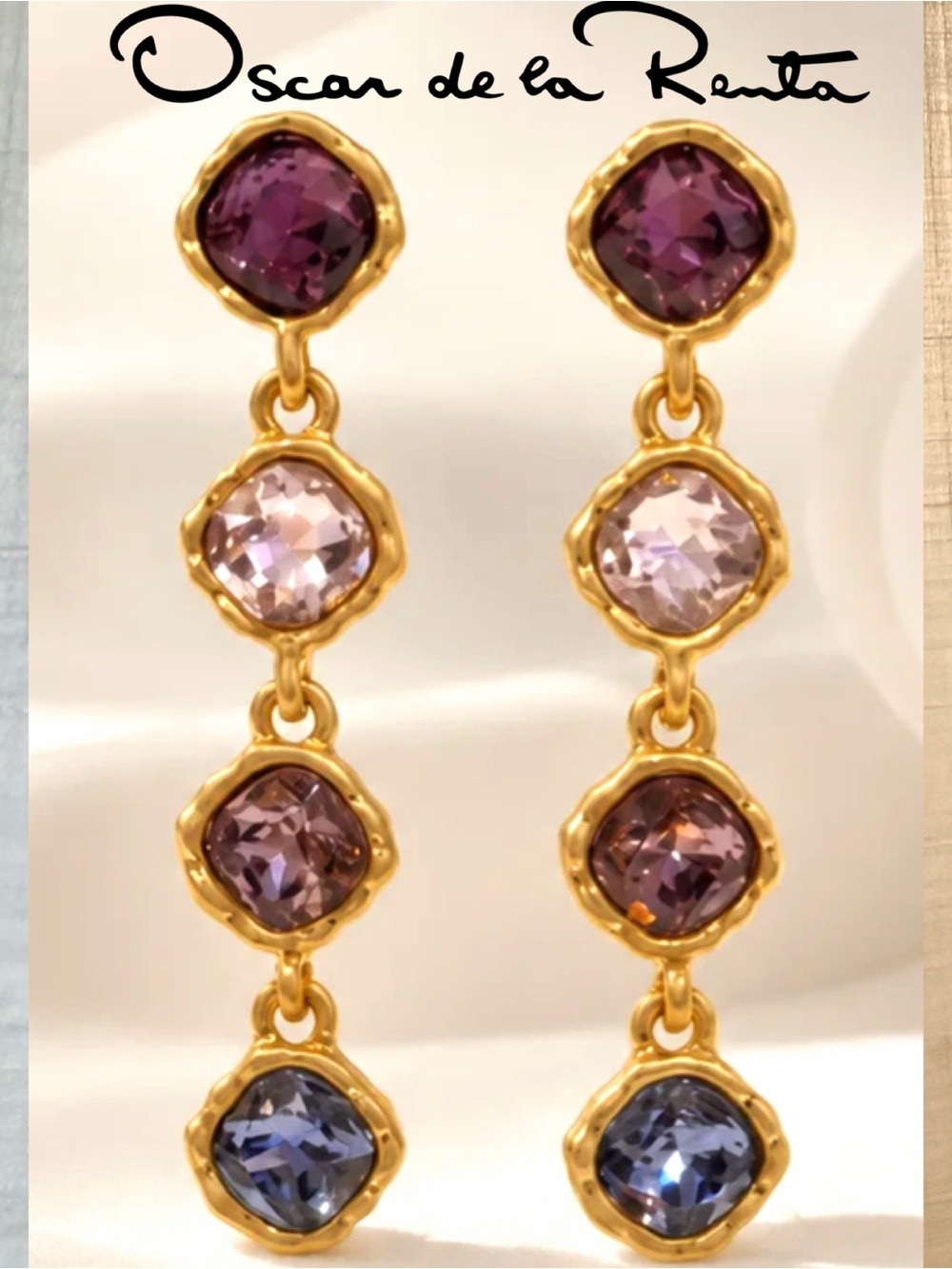 Oscar de la Renta Gold-Tone AMETHYST COMBO ✨CRYSTAL DANGLE EARRINGS✨POST✨ - Picture 3 of 13